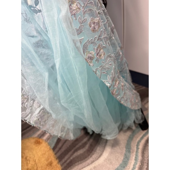 Morrell Maxie Size 4 Aqua White Floral Lace Off Shoulder Formal Gown - Picture 12 of 16